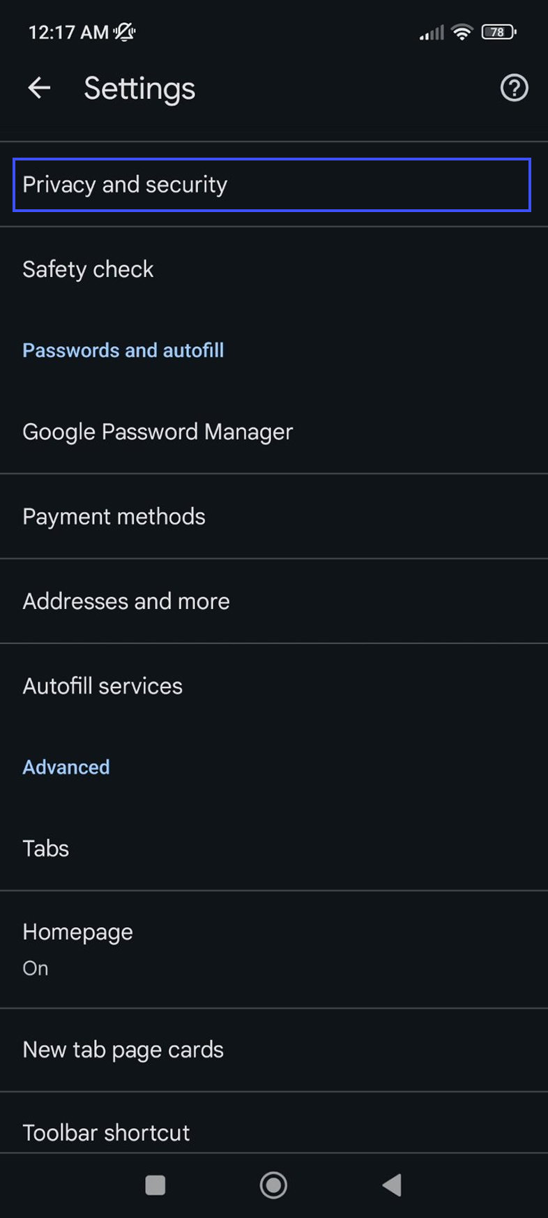 Go to Settings, then Privacy and security