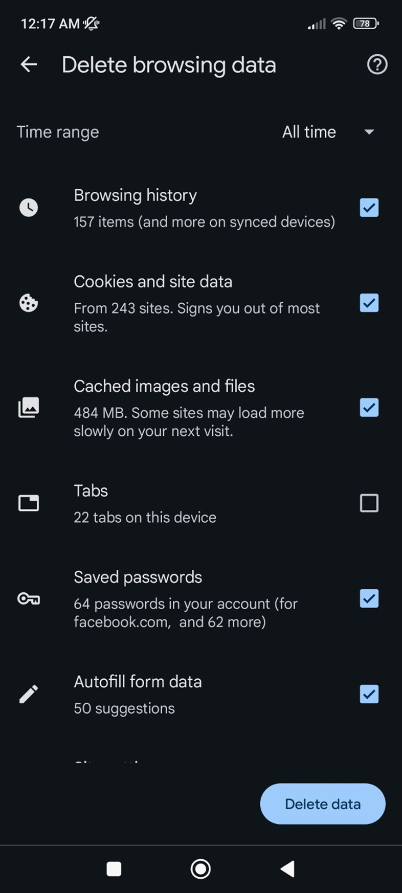 Select All time, check Cached images and files, then tap Delete data