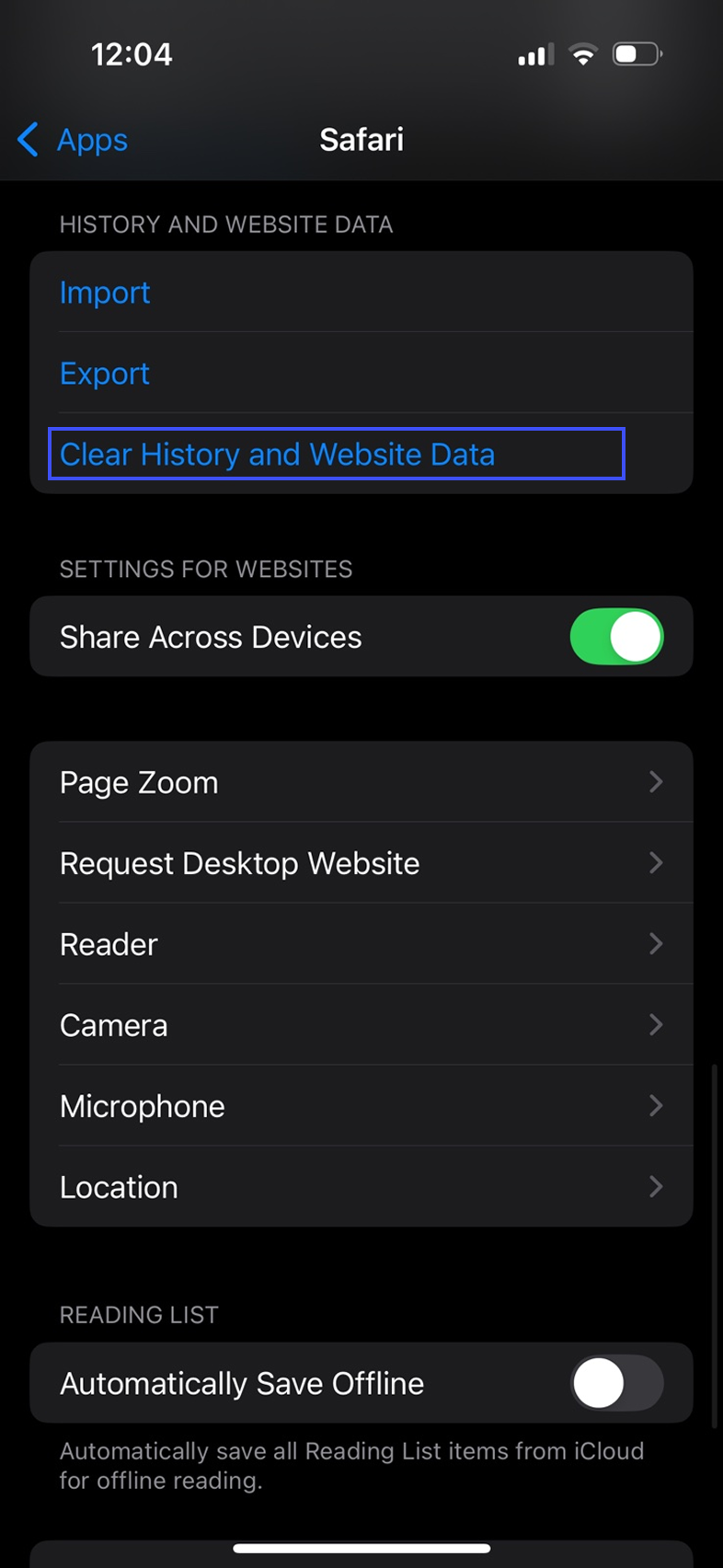 Tap Clear History and Website Data