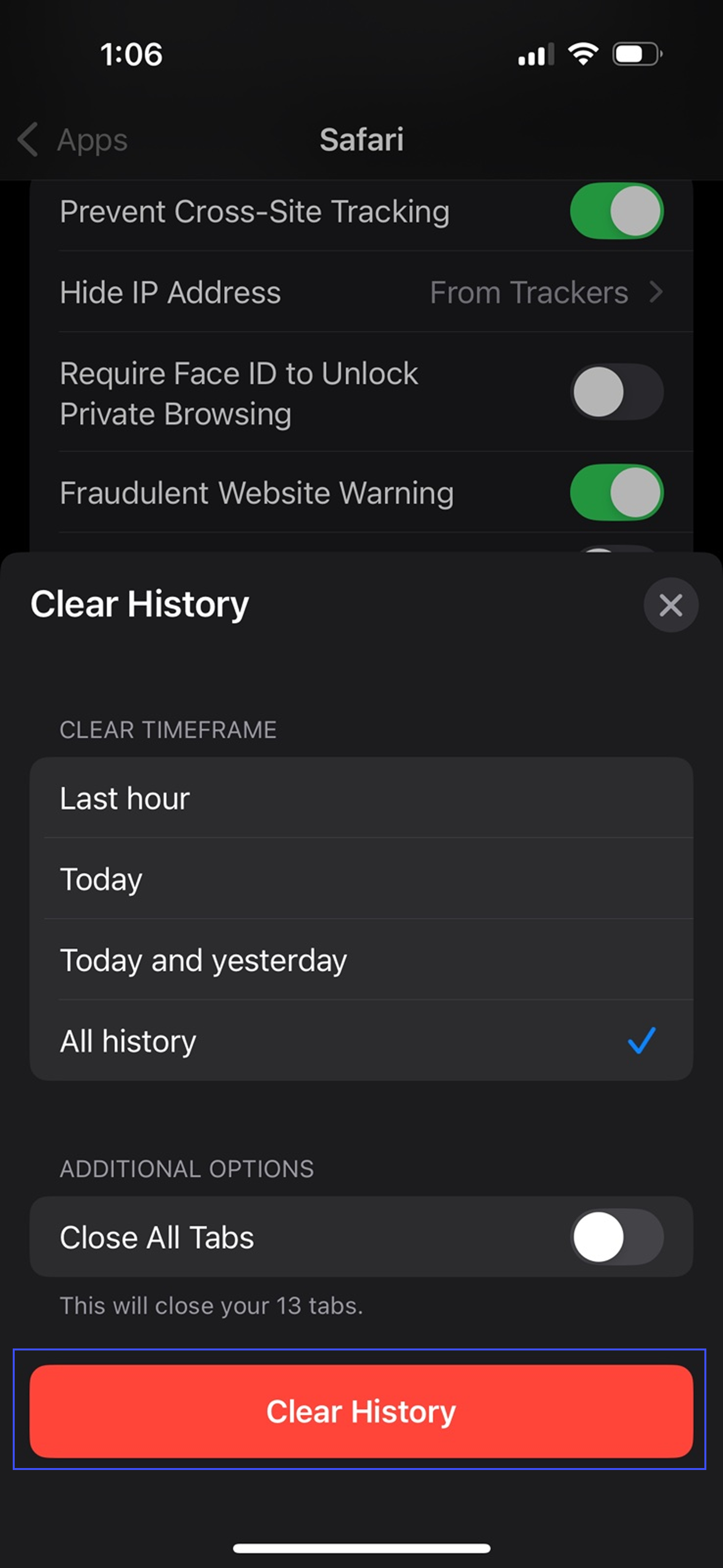 Confirm clearing the data when prompted